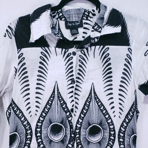 Step In Style Black & White Abstract Peacock Button-Down Hi-Low Tunic Dress PM - Picture 7 of 16
